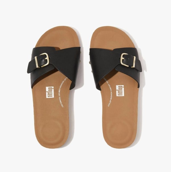 FitFlop iQUSHION ADJUSTABLE BUCKLE LEATHER Womens Slides Black