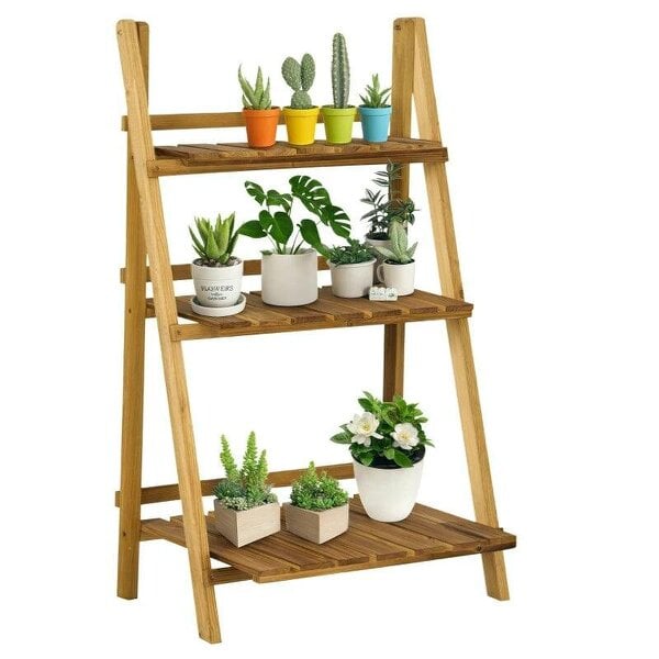 Bobobiy Wooden Folding Flower Pot Stand 3 Tier Garden Planter Display Ladder Gardener Storage Shelves Rack Herb Holder (60L x 37W x 93H cm)