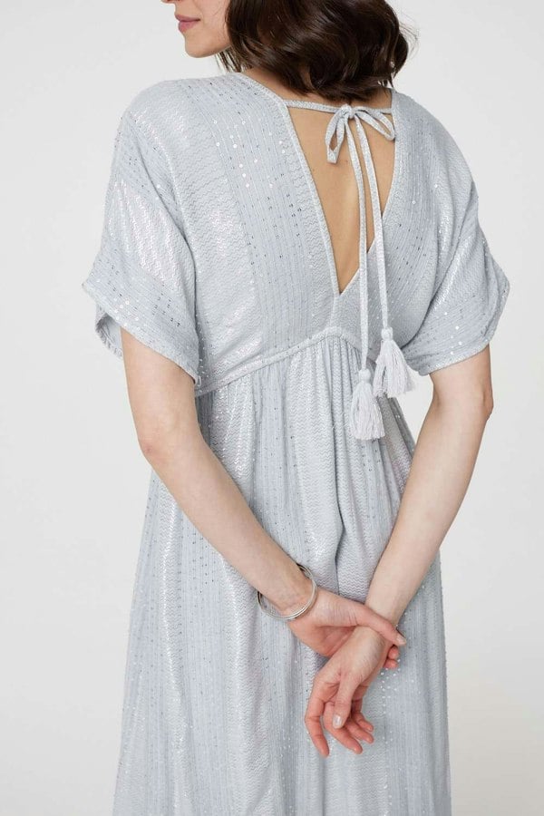 Light Grey | Dotty Empire Waist Kimono Maxi Dress