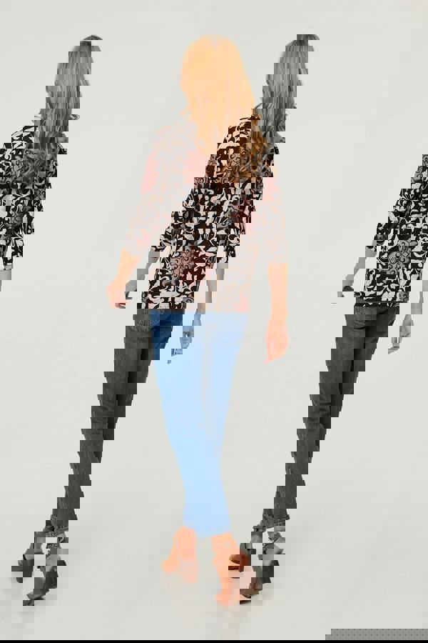 Black | Floral 3/4 Sleeve Boat Neck Top