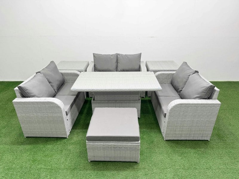 Fimous 7 Seater Light Grey PE Wicker Rattan Sofa Set - Adjustable Lifting Dining/Coffee Table, 2-Seater Loveseat & Footstool