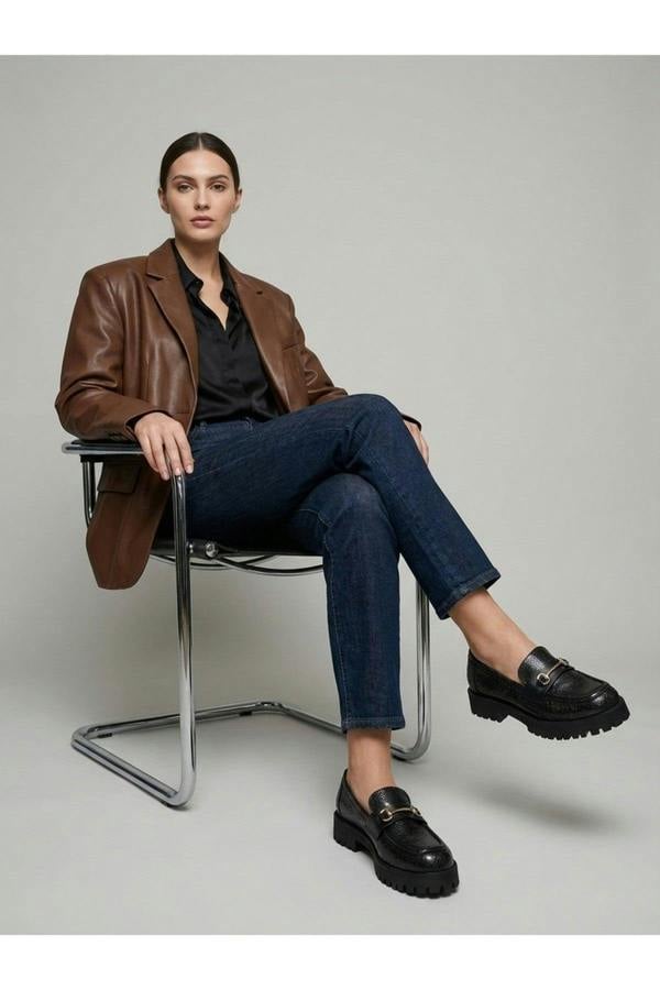 Poppy Snakeskin Chunky Loafers - Black