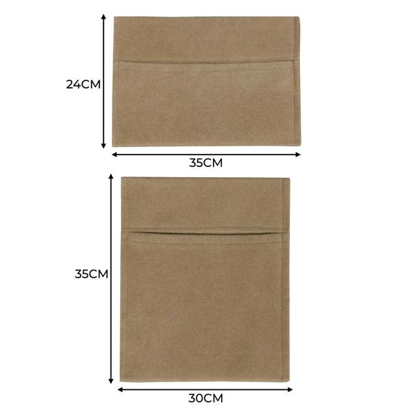 Beige storage pouches with a soft texture, featuring two pockets, measuring 24cm by 30cm and 35cm by 35cm for versatile organization