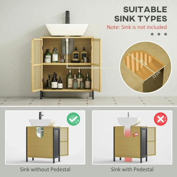 Under sink cabinet with open interior and bamboo slat door; cut-out top opening