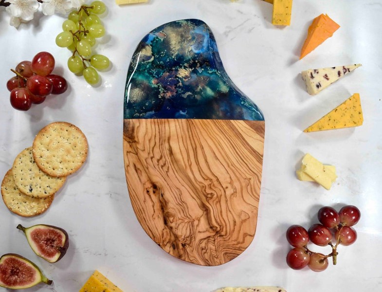 Rounded Rustic Olive Wood Cutting Board 30cm - blue gold bronze kitchen decor - cheese lover gift ideas - Kate Chesters Art - charcuterie tapas serving board