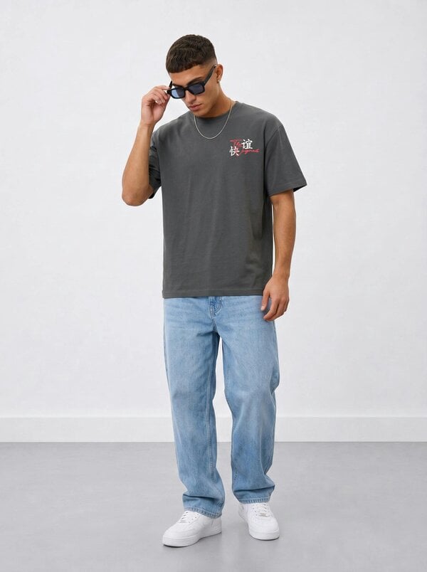 London Attitude Tokyo Dragon Premium Organic Cotton Relaxed Fit T-Shirt - Anthracite