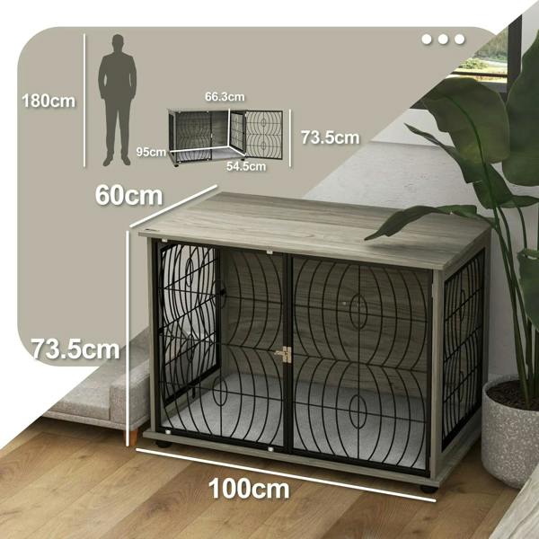 Grey dog crate end table with front wire doors and tabletop, shown with size diagram