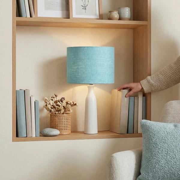 Modern Bobbled and Textured Linen Lamp Shade in Light Duck Egg Blue Image 6