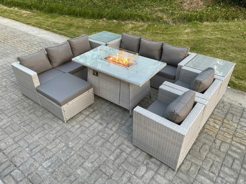 Fimous Rattan Outdoor Garden Furniture Set with Gas Fire Pit Dining Table, 2 Sofas, 2 Side Tables, 2 Chairs, 1 Footstool - 9 Seater - Light Grey