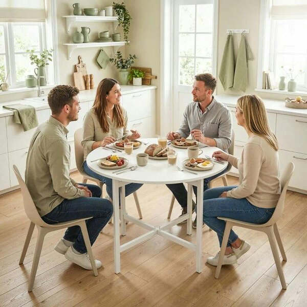 Collapsible Drop Leaf Table, Folding Dining Table for Small Spaces, Extendable Kitchen Table with Steel Frame, White