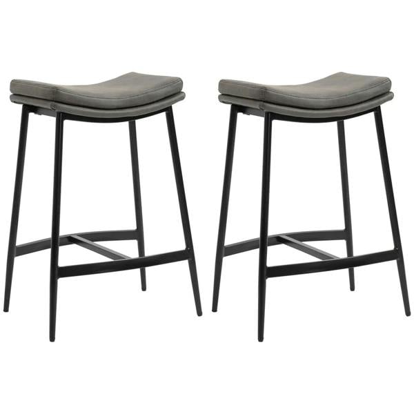 Set of 2 grey bar stools with curved seats and black steel footrest frames