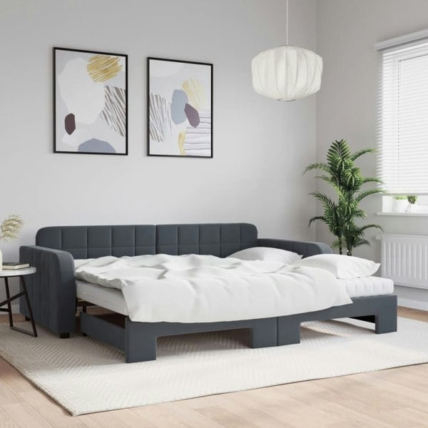 Berkfield Daybed with Trundle and Mattresses Dark Grey 90x190 cm Velvet
