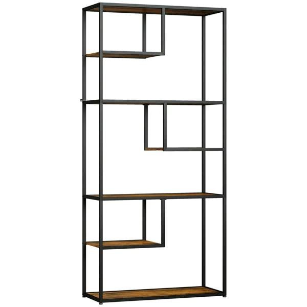 Industrial metal bookcase shelf with rustic brown wooden tiers and black frame