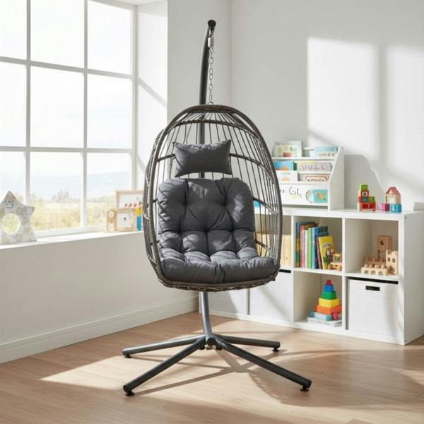 Samuel Alexander Grey Rattan Hanging Egg Chair with Stand & Cushions for Indoor Use