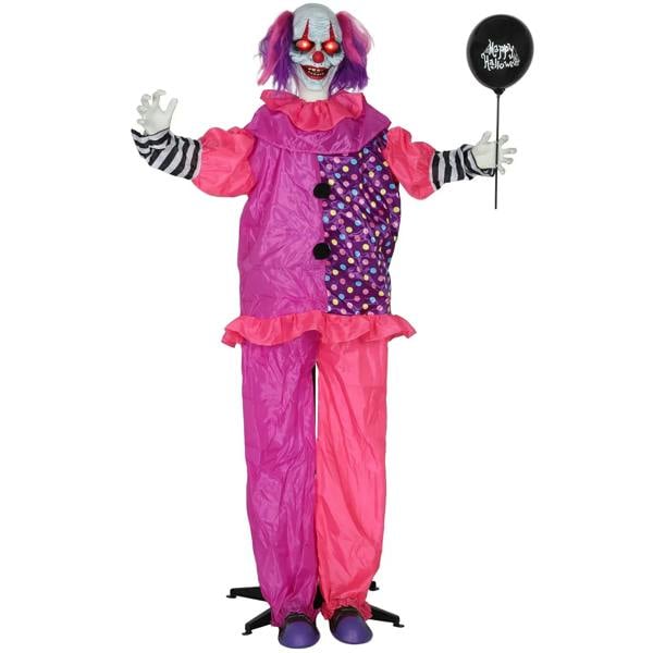 Pink and purple scary animated clown decoration with red-eyed mask, ruffled jumpsuit