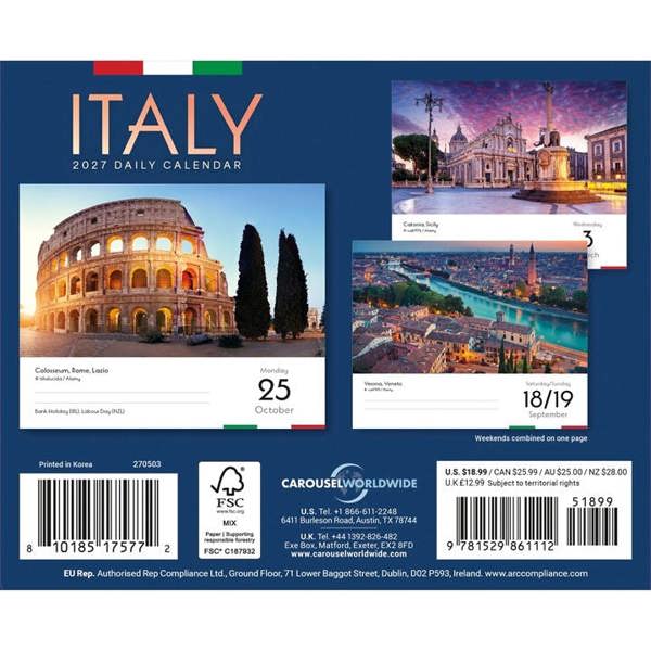 Italy Desk Calendar 2027, Desk Calendars, Day To View, Travel, Gift
