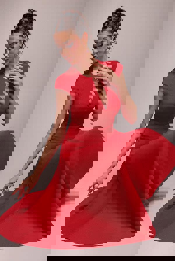 Cap Sleeve Skater High Low Midi Dress - Red DR5100