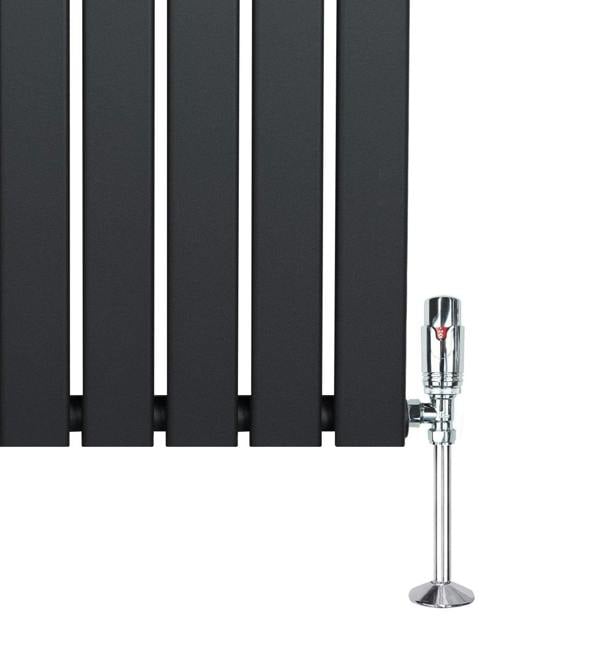 Flat single column radiator in anthracite grey, 1800mm x 280mm, featuring sleek vertical slats and a chrome valve for modern decor