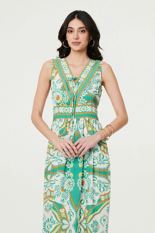Green | Printed Sleeveless Tie Empire Maxi Dress
