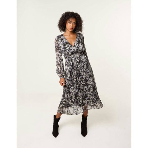 Blue Vanilla Printed Lurex Buckle Belted Midi Dress