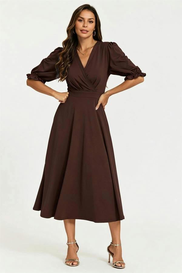 FS Collection Half Sleeves Jersey Midi Dress with Wrap Neckline In Chocolate