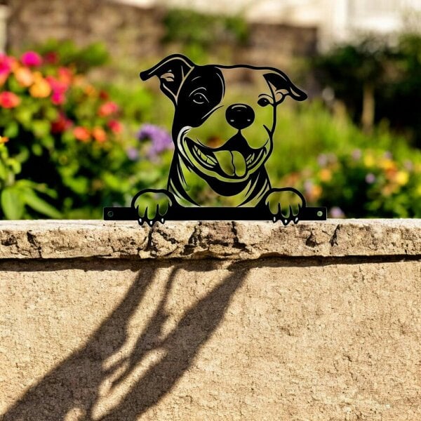 EDH Door Hardware Metal Staffie Peeking Dog Silhouette – 25cm x 9cm x 1.5cm | Decorative Metal Dog Art for Home & Garden Décor