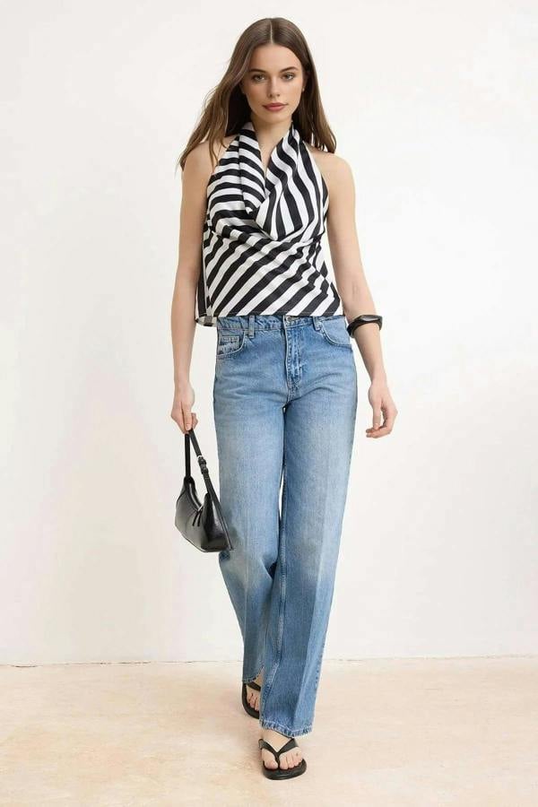 WOVCOR Striped V-neck Woven Blouse