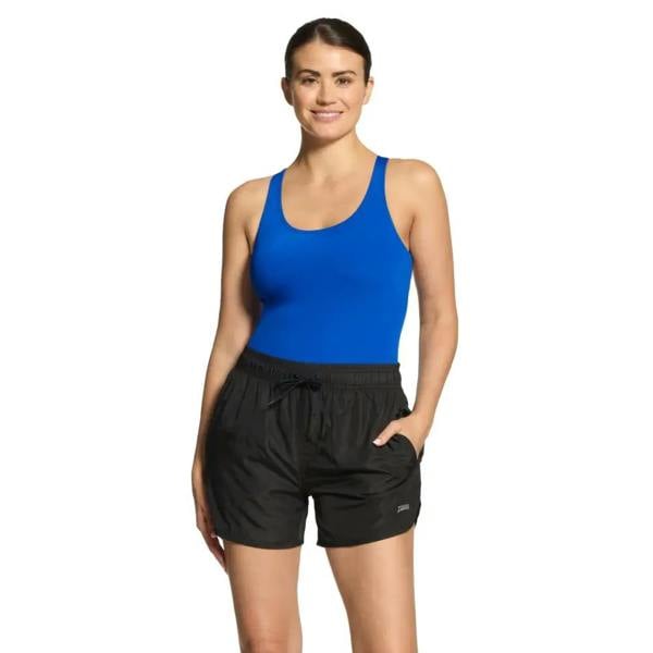Zoggs womens indie swim shorts black with blue tank top