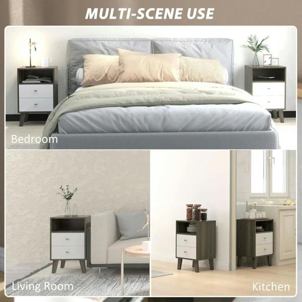 Grey bedside table with open shelf and two drawers in a bedroom setting
