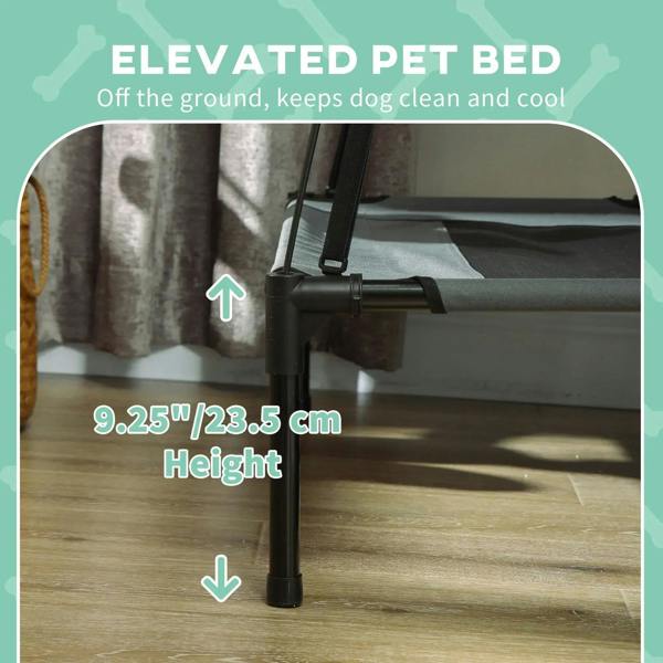 Grey raised pet bed on tall legs under arched canopy for elevated airflow
