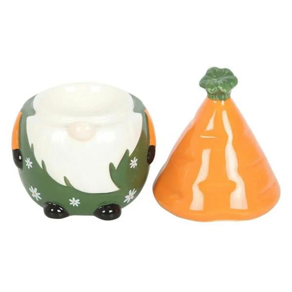 Ceramic oil burner set: orange cone top and matching green base with white leaf design