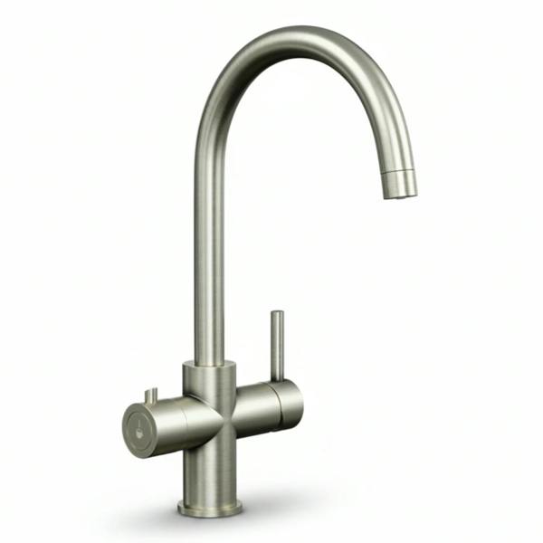 Modern brushed steel 3-in-1 boiling water tap on white background