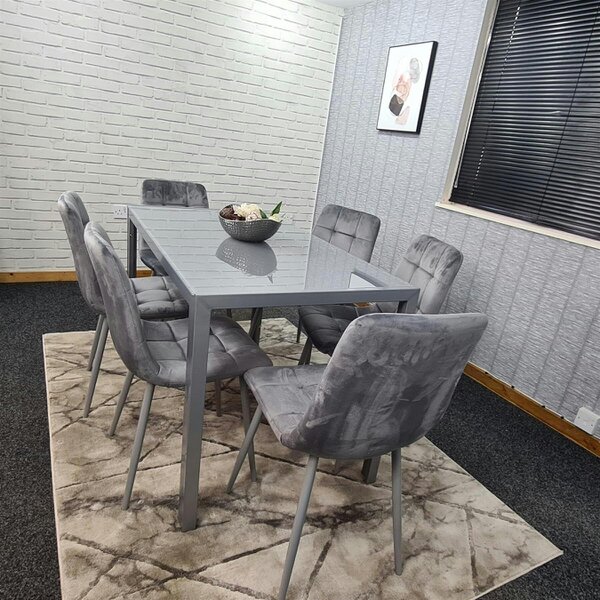 Kosy Koala Modern Rectangle Grey Glass Dining Table Set With 6 Grey Velvet Chairs Dining Room Furniture