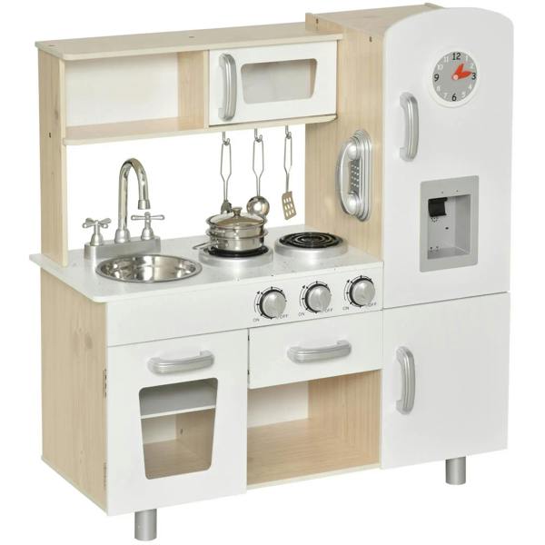 White kids wooden pretend play kitchen set with sink, stove burners, knobs, and clock