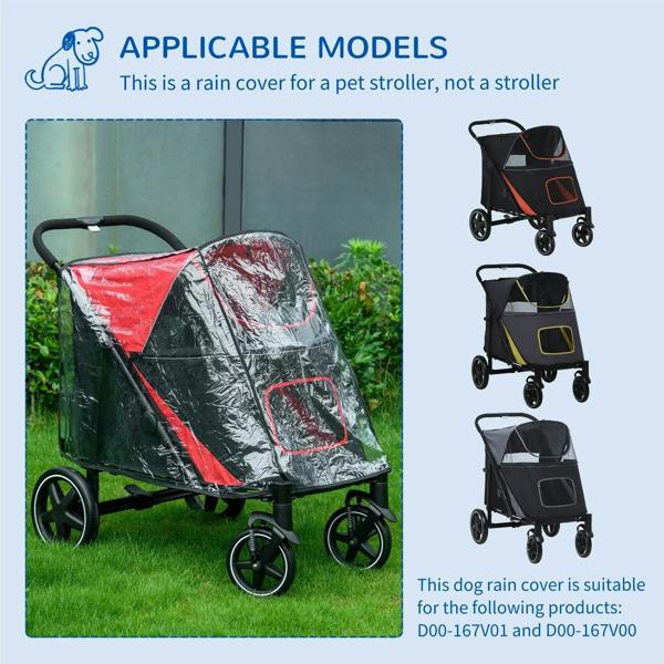 Pet stroller rain cover with red and black fabric and clear window panel