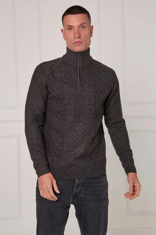 Men’s Half Zip Cable Knit Textured Jumper