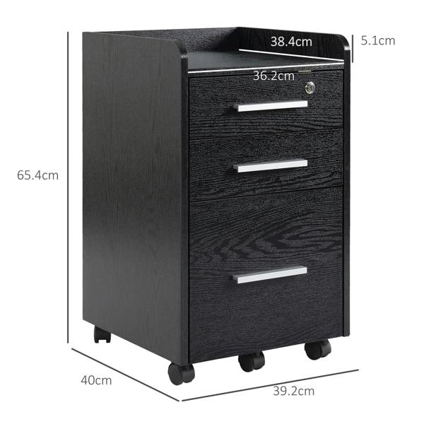 Black three-drawer filing cabinet with drawer pulls, open top, and caster wheels