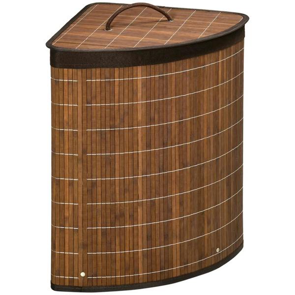 Brown bamboo laundry hamper with lid and curved carry handle, corner-basket shape