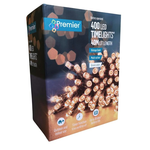 Samuel Alexander 400 LED 40m Premier Christmas Indoor Outdoor Multi Function Battery Operated String Lights with Timer in Vintage Gold
