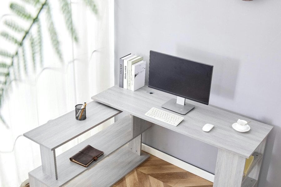 Kosy Koala Grey Office Desk L-Shaped with Storage Shelves Wooden Room Furniture for Home, Study, and Office