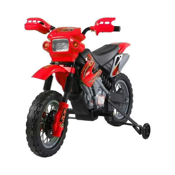 Red kids electric ride-on motorbike with black seat and front lights