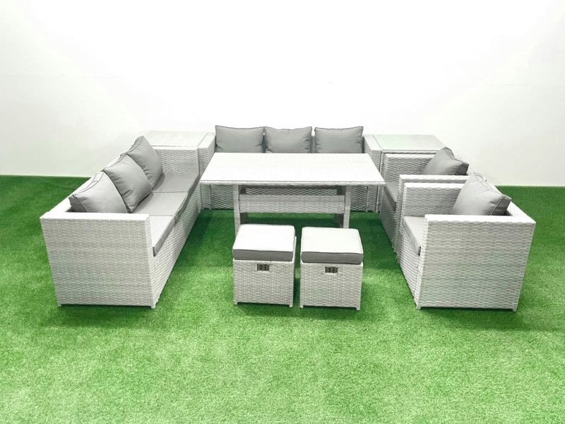 Fimous 8 Seater Rattan Garden Furniture Set - Light Grey Mixed Patio Dining Sofa Set with Dining Table, 2 Chairs & 2 Footstools