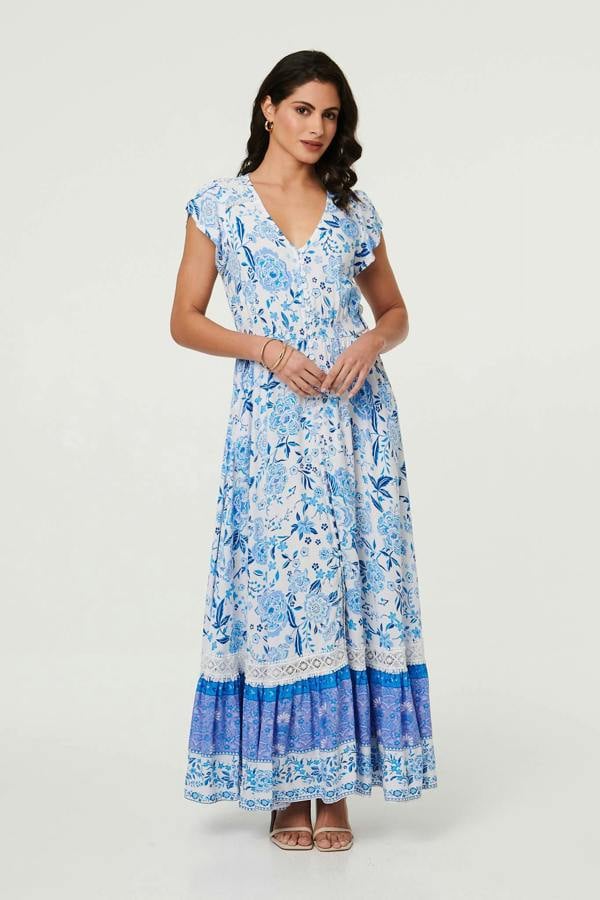Blue | Floral Border Cap Sleeve Maxi Dress
