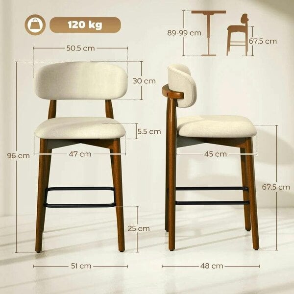 Bar Stools Curved Open Back Padded Seat Footrest Set of 2 for Kitchen Beige