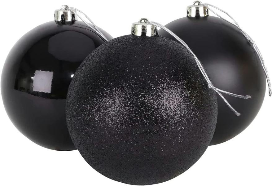 Shatchi 15cm Shatterproof Christmas Baubles, 3 Pack Black Tree Decorations with Glitter, Matte and Shiny Finish