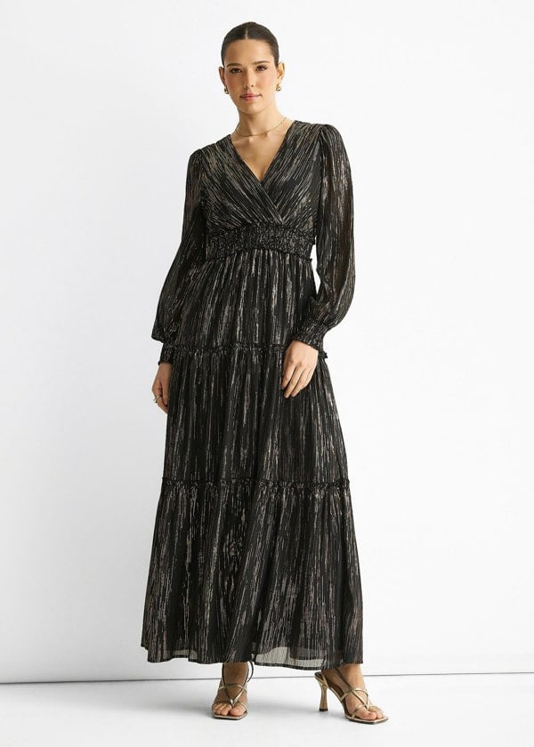 Gini London Black Lurex Chiffon Occassion Tiered Maxi Dress
