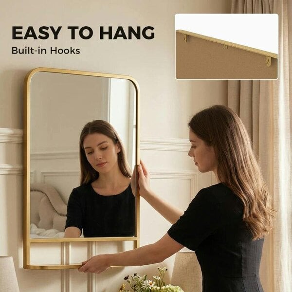 Bobobiy Modern Rectangular Wall Mirror with Storage Shelf, 70 x 50 cm, Gold Tone