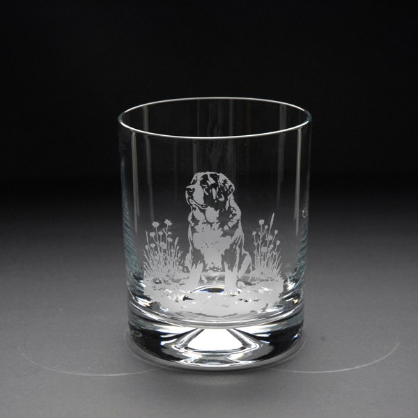 Glyptic Glass Art St. Bernard Dog Whiskey Tumbler Glass - Hand Etched/Engraved Gift