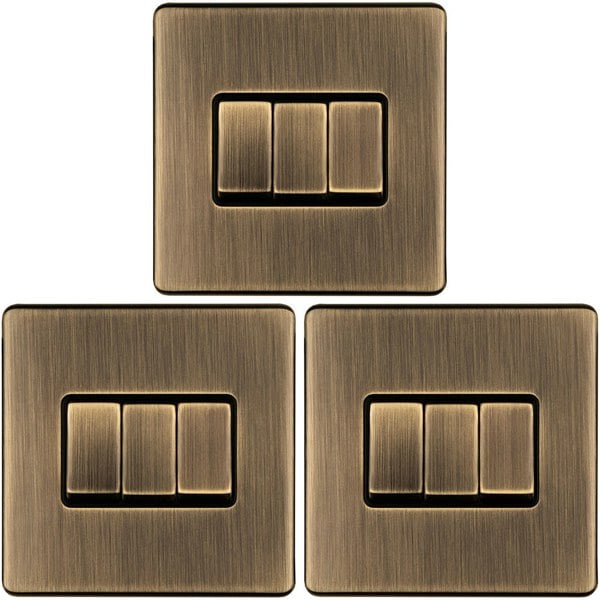 3 PACK 3 Gang Triple Light Switch SCREWLESS ANTIQUE BRASS 2 Way 10A Slim Rocker 