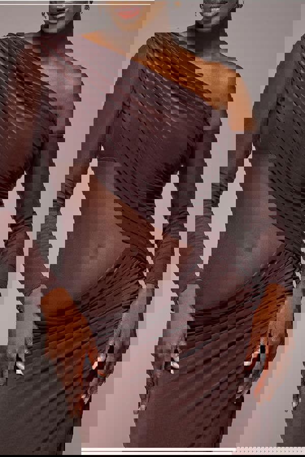 Gathered Cowl Asymmetric Mesh And Soft Touch Maxi Dress - Brown DR4800